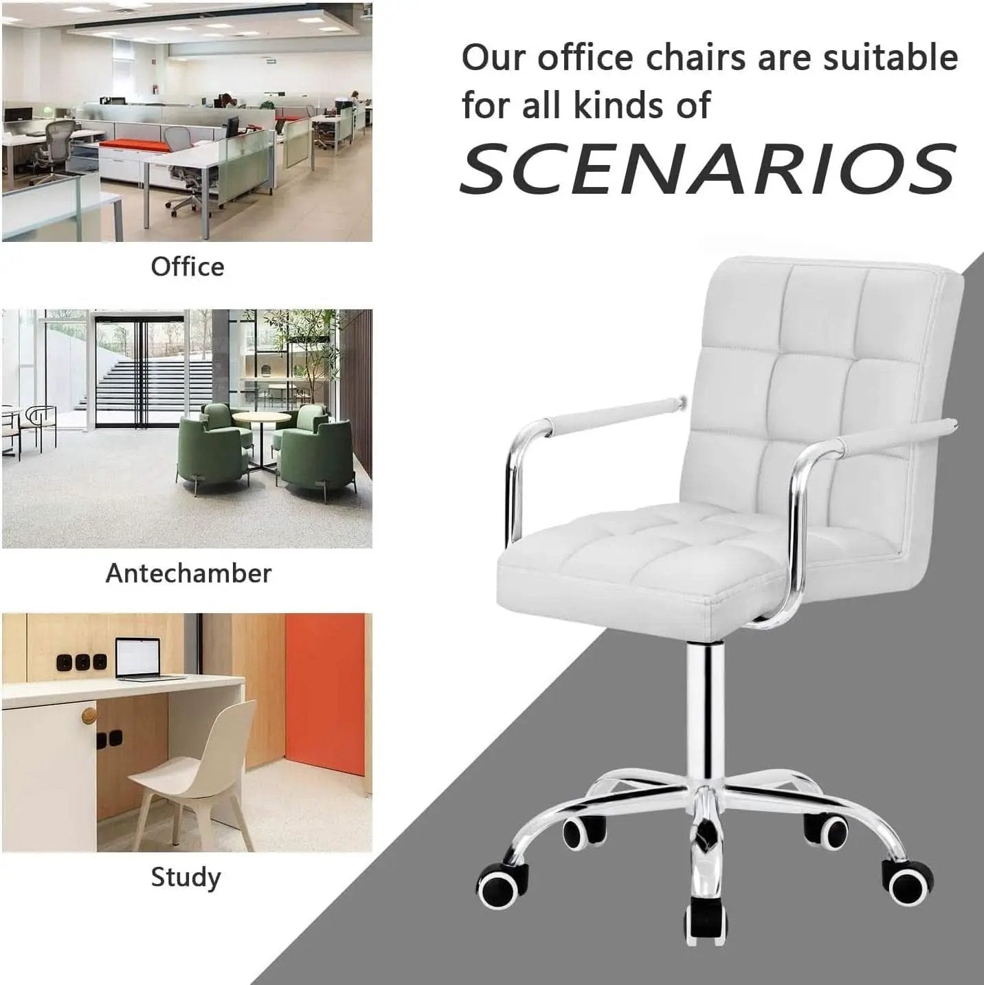 White PU Leather Desk Chair With Wheels Mid Back Office Chair from PriceLows™
