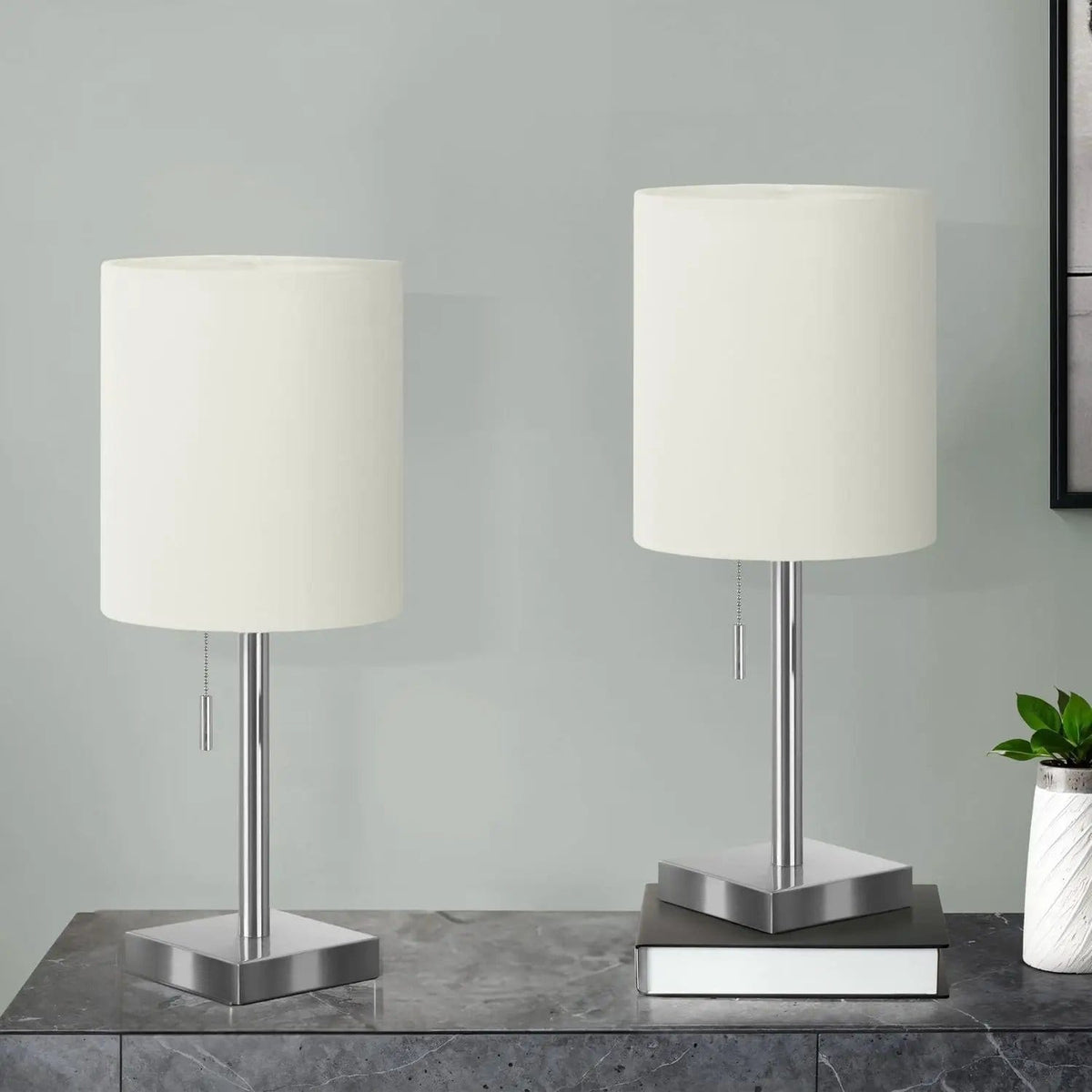 Lighting, Table Lamp, USB Port Included, Nickel, Contemporary (Set of 2) | 2 Pieces | Fabric & Metal | Home