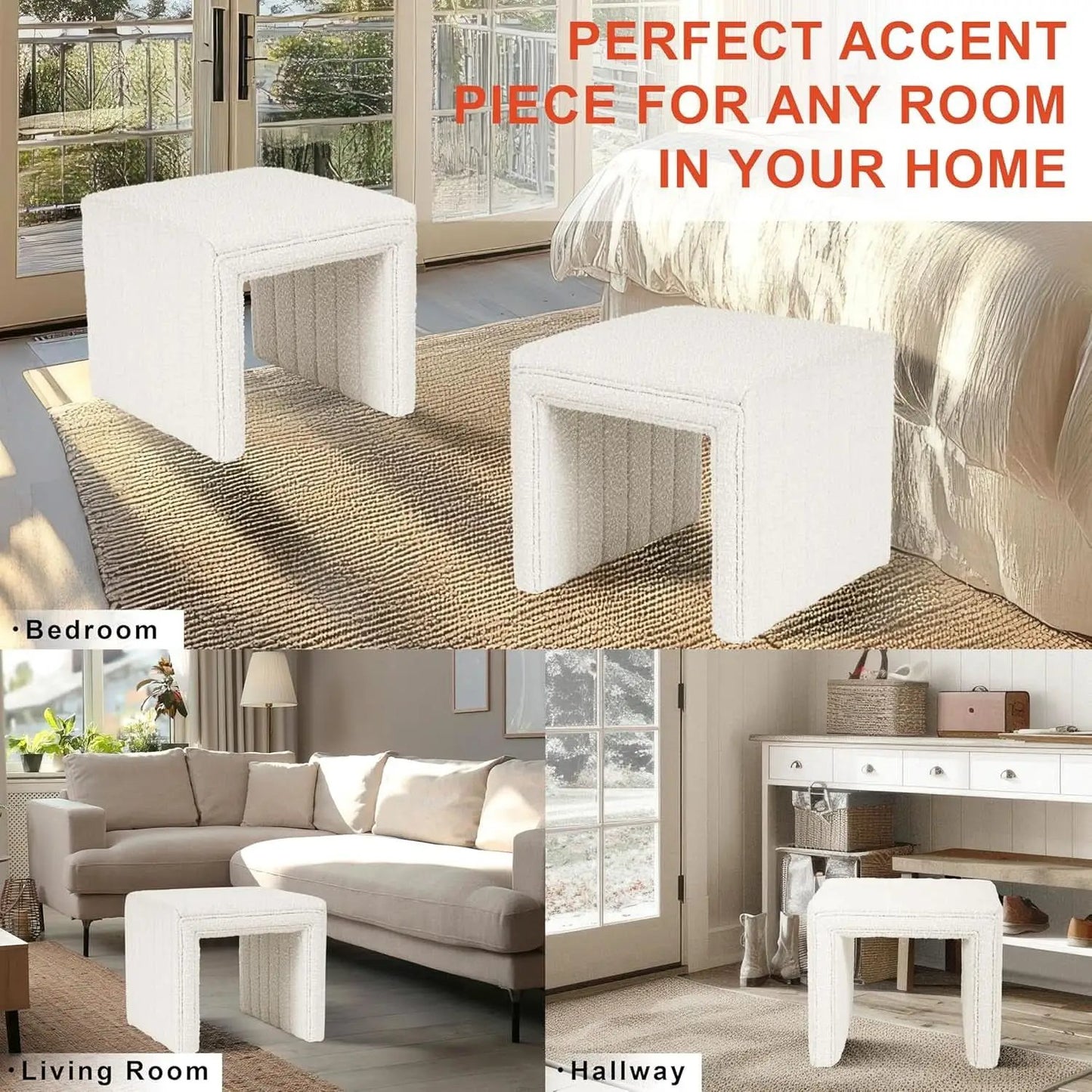 Cream Soft Boucle Upholstered Ottoman Footrest 18 Inches from PriceLows™