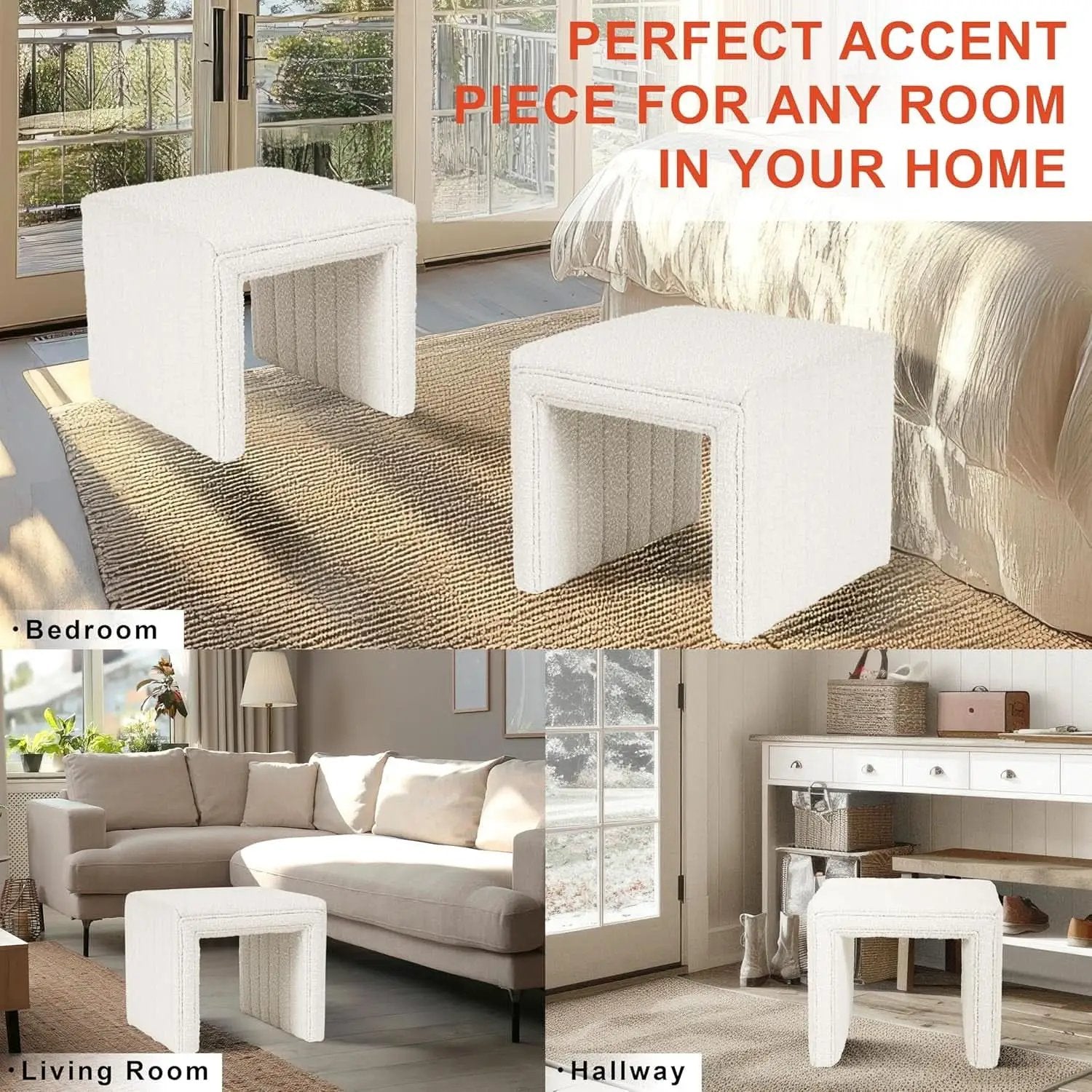 Cream Soft Boucle Upholstered Ottoman Footrest 18 Inches from PriceLows™