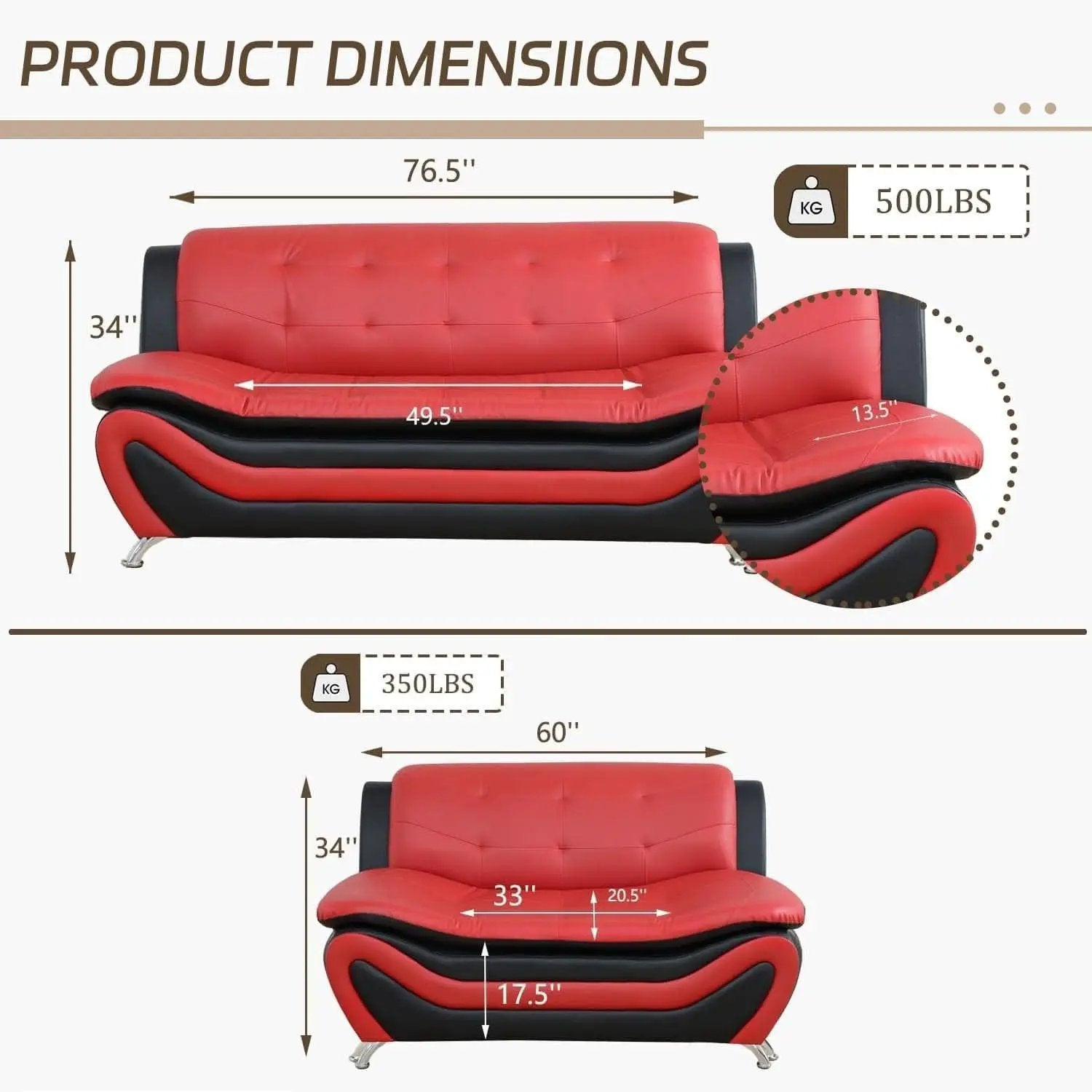 Faux Leather Living Room Sofa Set Red Black Loveseat from PriceLows™