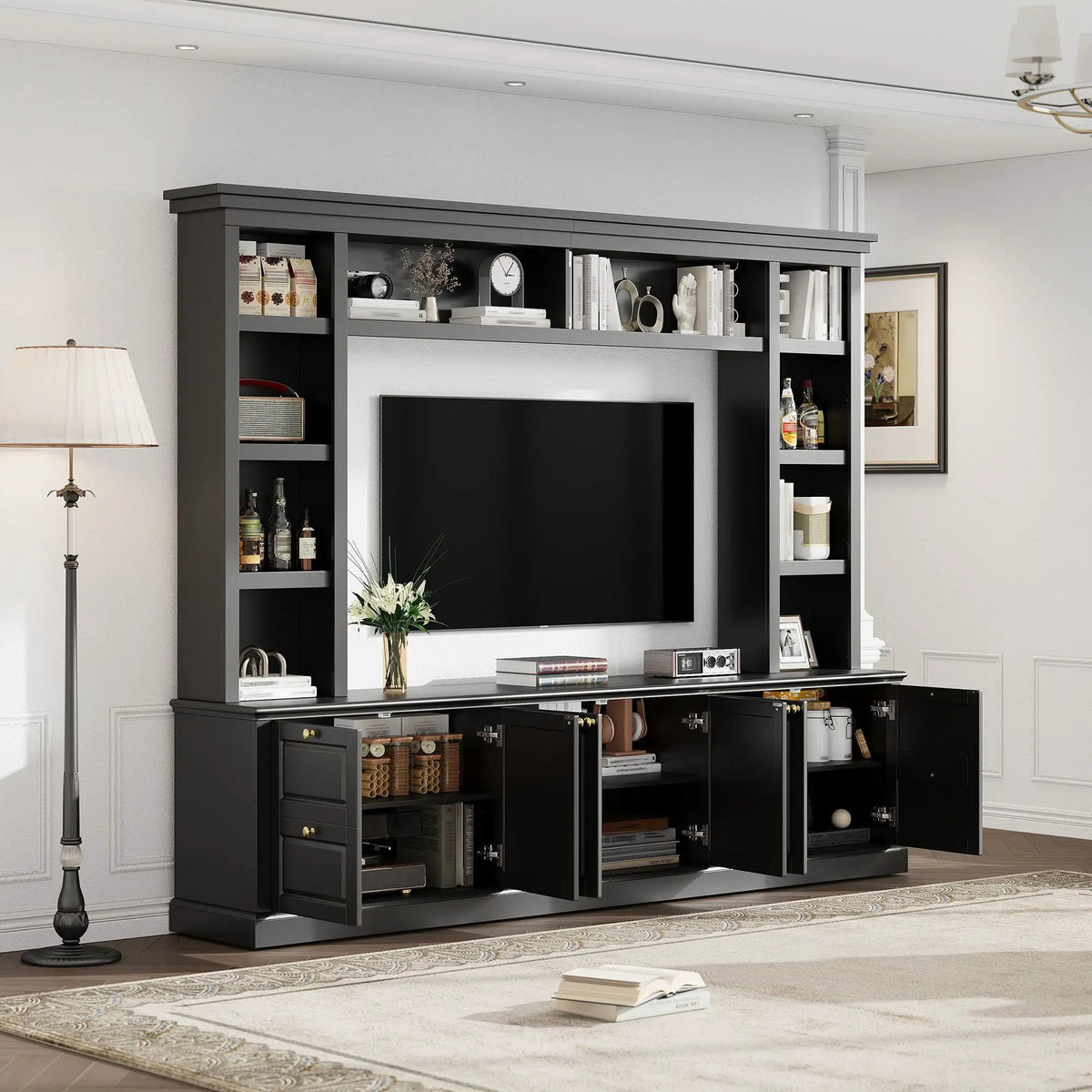 TV Stand With Bookcase | 3 Adjustable Shelves | Fits 70 Inch