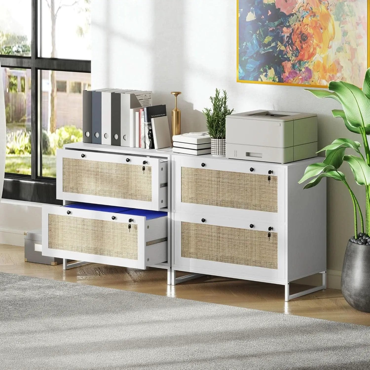 White Rattan 2 Drawer Locking Lateral File Cabinet from PriceLows™