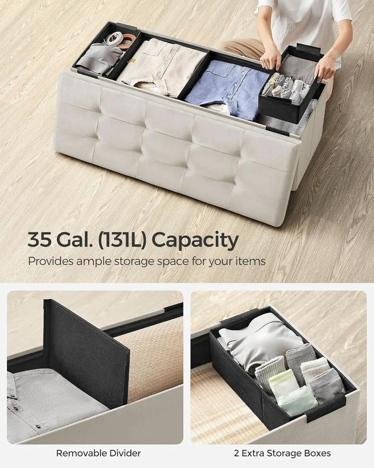 Cream White Storage Ottoman Bench Foldable 15x43x15 from PriceLows™