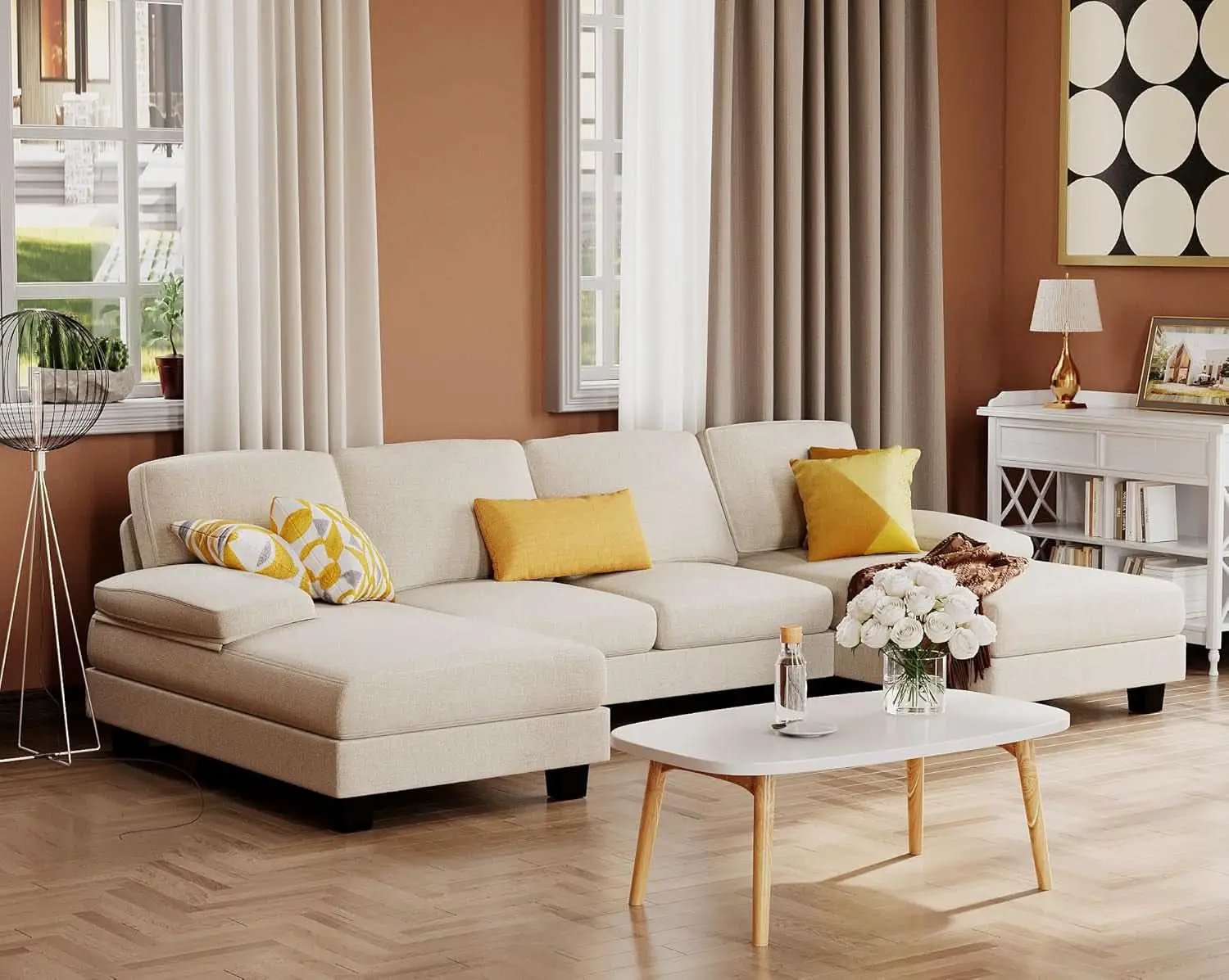 White Linen Sectional Sofa U Shaped 4 Seat Chaise Couch from PriceLows™