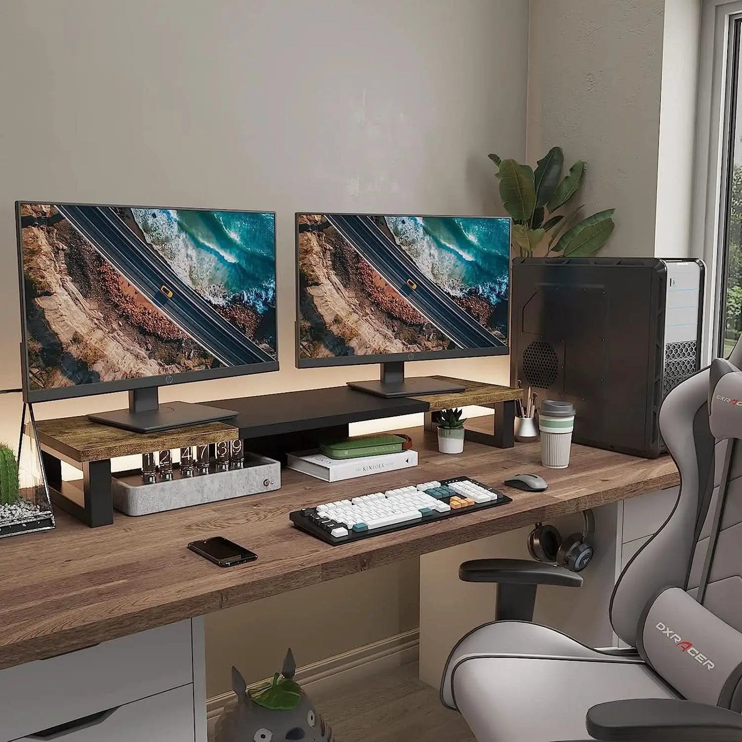 Dual Monitor Stand Riser Wood And Steel For Two Monitors from PriceLows™