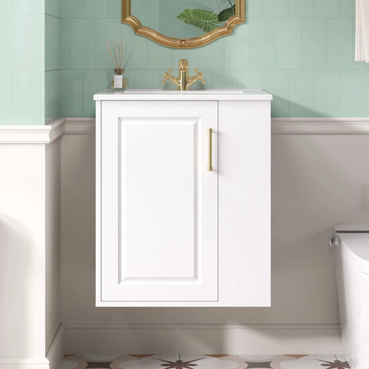 Wall Mounted Bathroom Cabinet With Side Shelf Combo, Vanity With Sink - | 20.3 x 18.5 x 24 in | Solid Wood & Ceramic | White