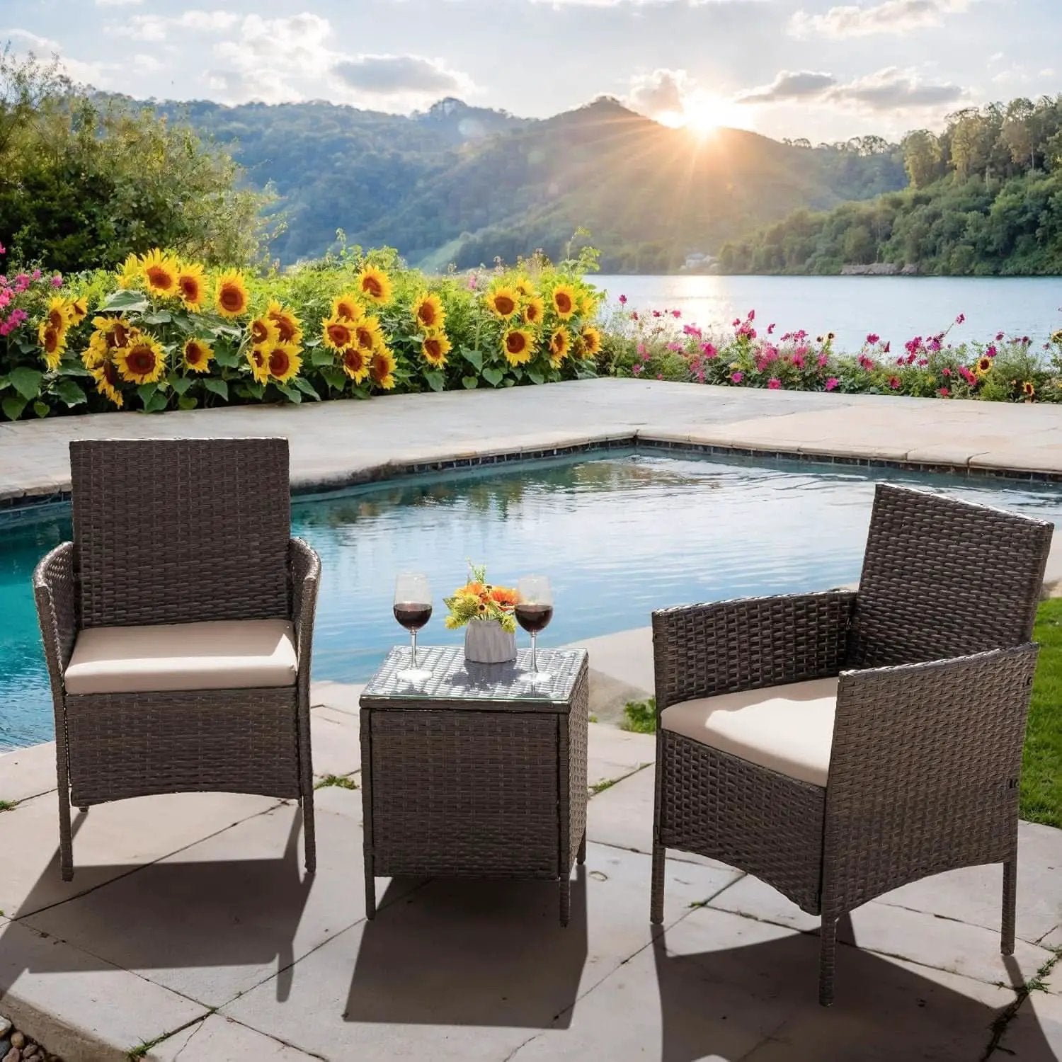 Patio Set 3 Piece All Weather Rattan Glass Table Brown from PriceLows™