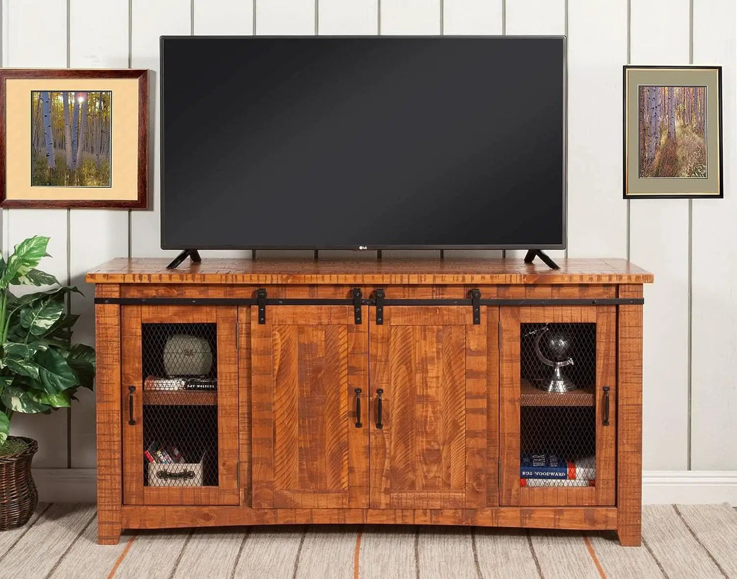 65 Inch Solid Wood TV Stand Honey Tobacco With Rustic Doors from PriceLows™