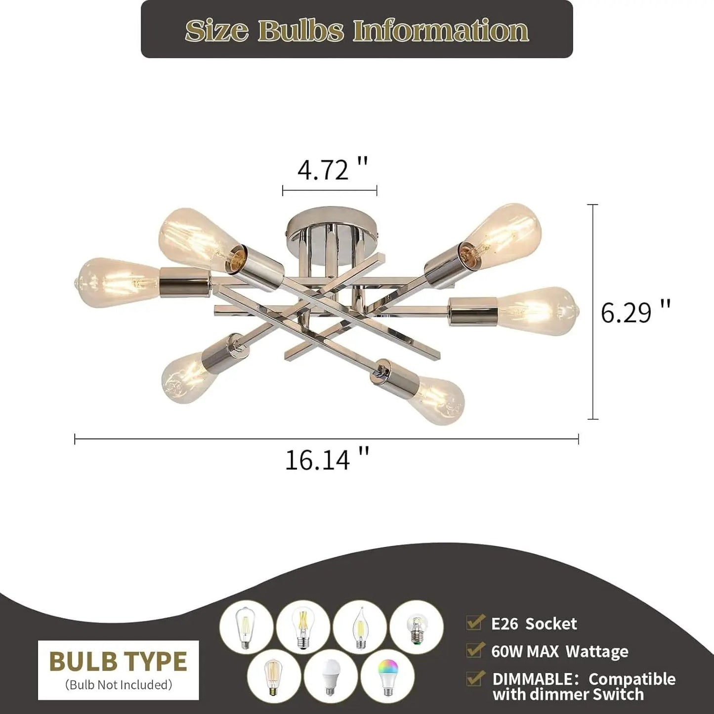 6 Light Chrome Sputnik Chandelier Semi Flush Mount Ceiling Light from PriceLows™