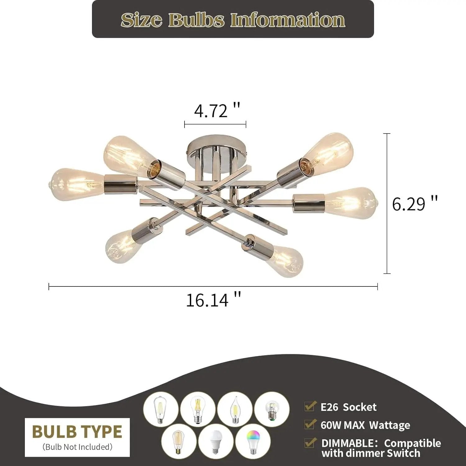 6 Light Chrome Sputnik Chandelier Semi Flush Mount Ceiling Light from PriceLows™