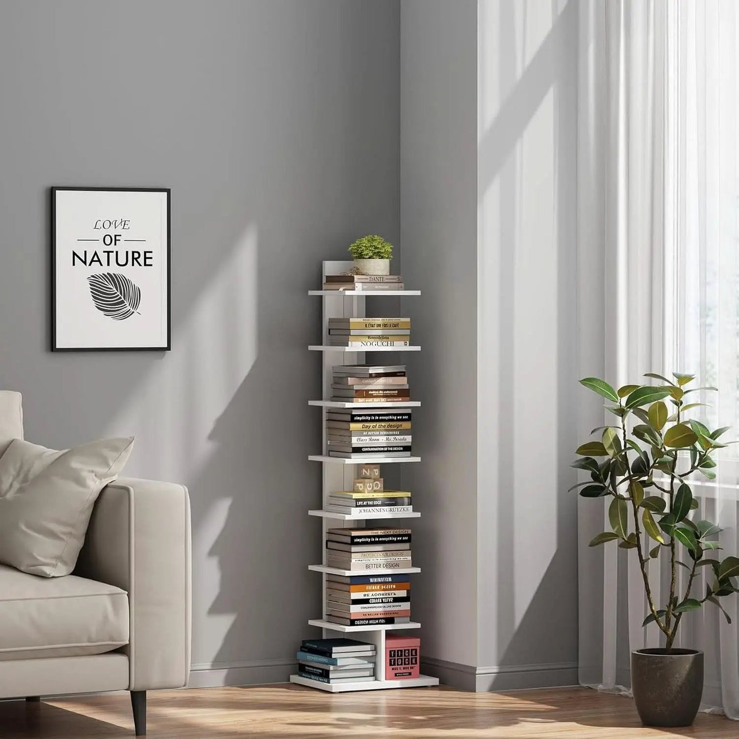 Vertical Bookshelf 8 Tier White Bookcase Living Room from PriceLows™