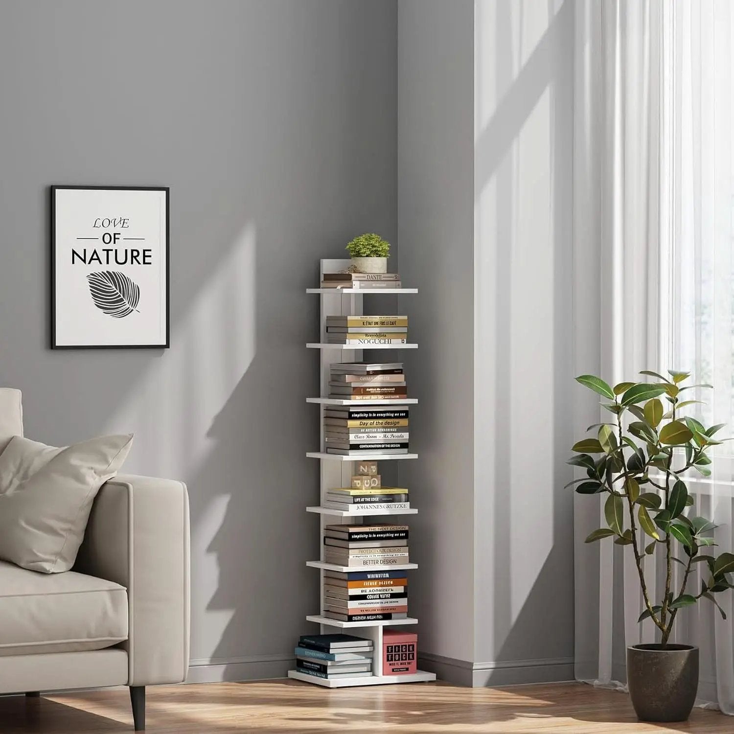 Vertical Bookshelf 8 Tier White Bookcase Living Room from PriceLows™