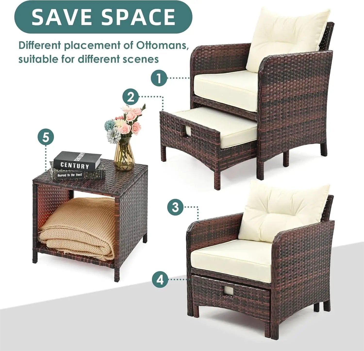 5 Piece Beige Rattan Patio Furniture Set With Ottomans And Coffee Table from PriceLows™