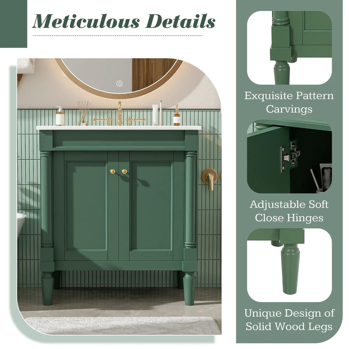 30 Inch Bathroom Vanity With Sink | Soft Close Doors | Carved French Detailing | Adjustable Shelf