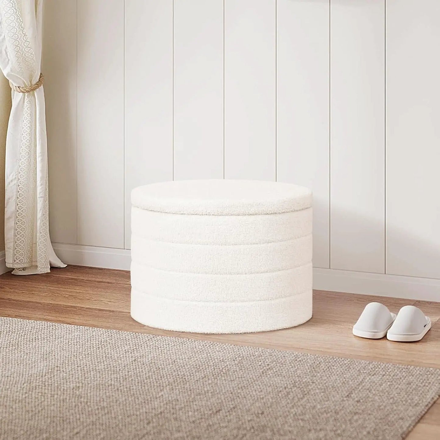 White Round Storage Ottoman Ultra Durable Cozy Elegant from PriceLows™