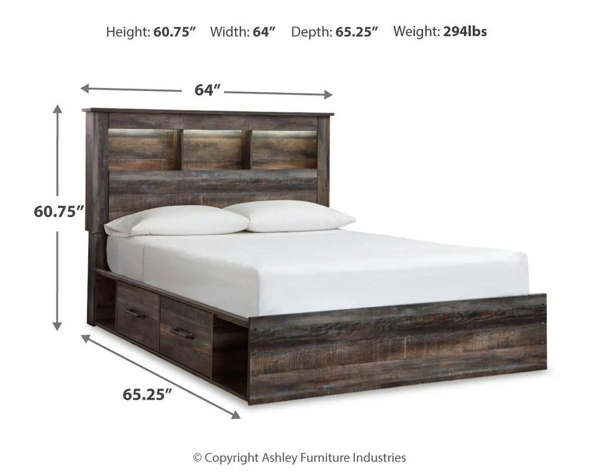 Drystan Panel Bookcase Bed | Storage Headboard | Rustic Industrial Style | 85 Inch Length