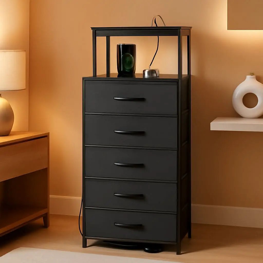 Black Five Drawer Dresser With Integrated Charging Station from PriceLows™