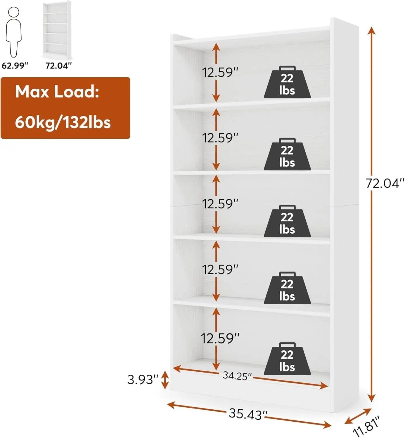 Tall White Six Tier Bookcase 72 Inches Contemporary Wood from PriceLows™