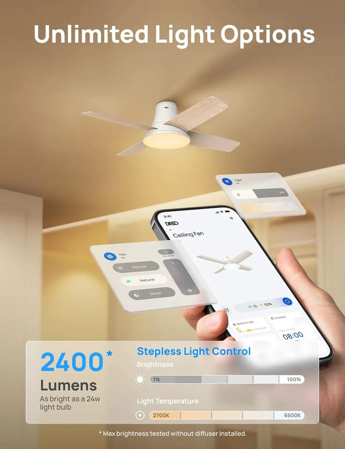 44 Inch White Smart Ceiling Fan With Dimmable LED Light And Remote from PriceLows™