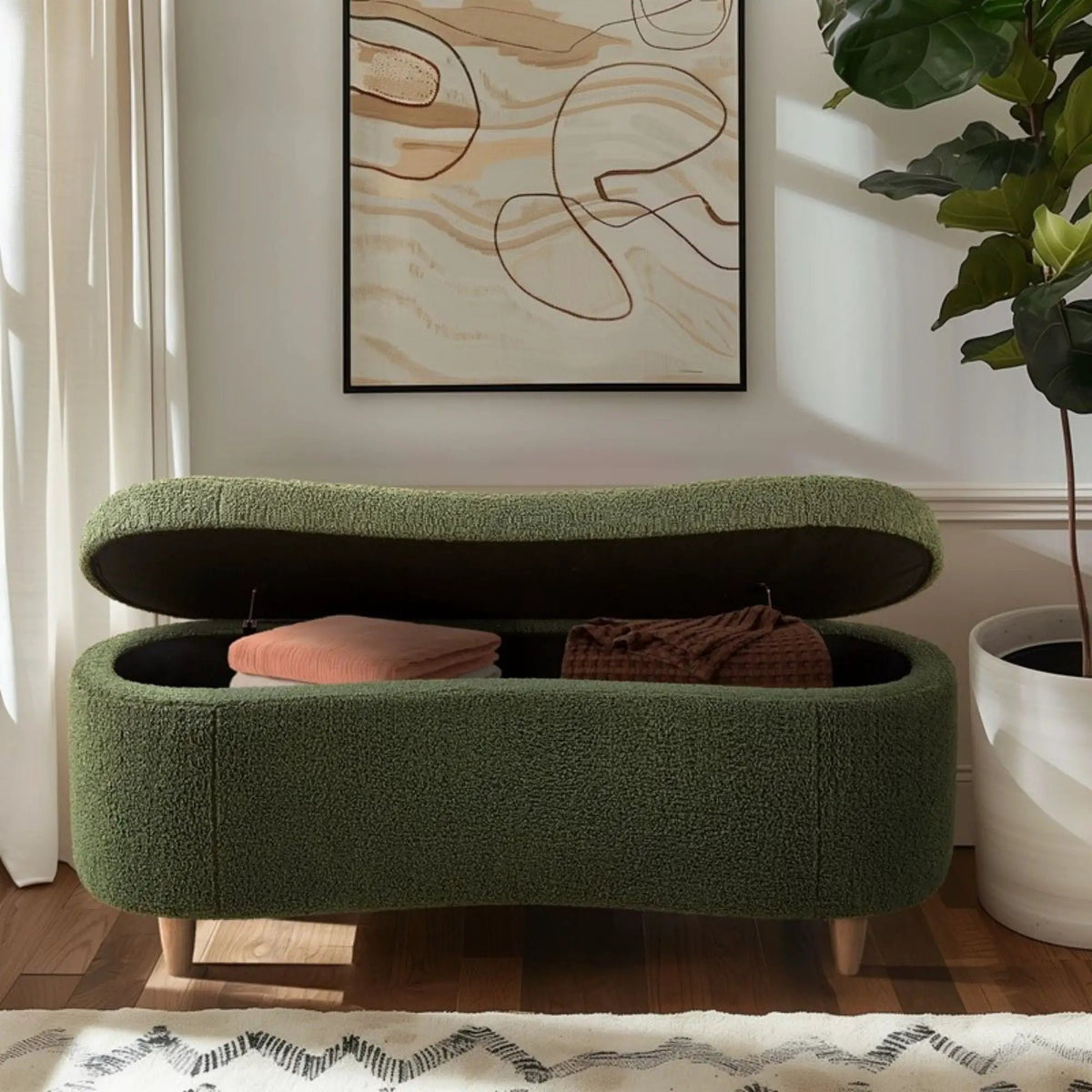Flip Top Storage Bench | Curved Front Straight Back | Soft Close Hinges | 48 Inch Width