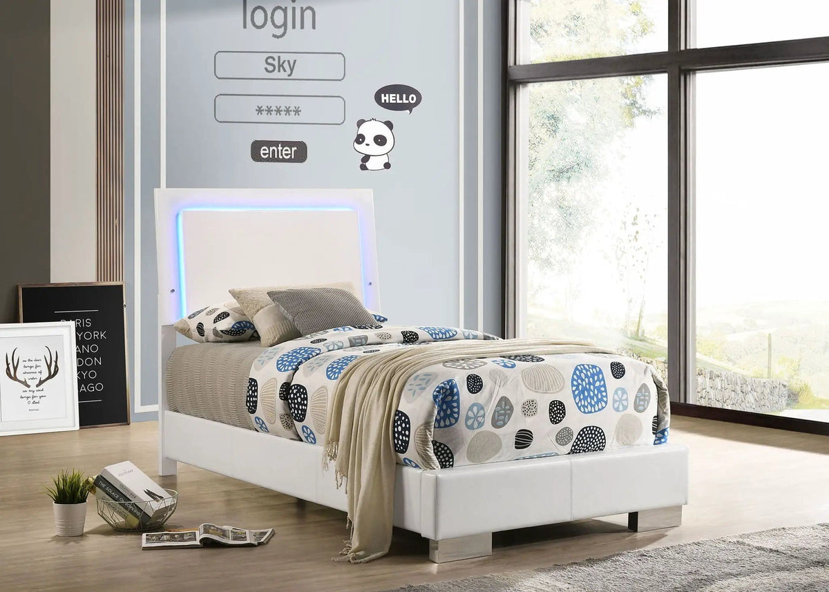 Felicity Wood Twin LED Panel Bed White High Gloss | 42.25 x 81 x 48.5 in | Faux Leather & Wood | Bedroom