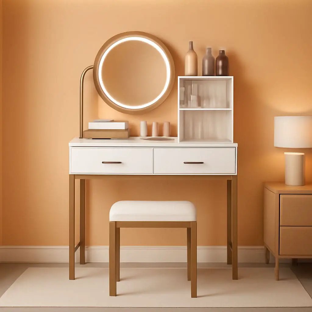 White Round LED Makeup Vanity Mirror With Charging Station 31.5 Inch from PriceLows™
