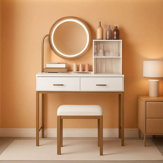 White Round LED Makeup Vanity Mirror With Charging Station 31.5 Inch from PriceLows™