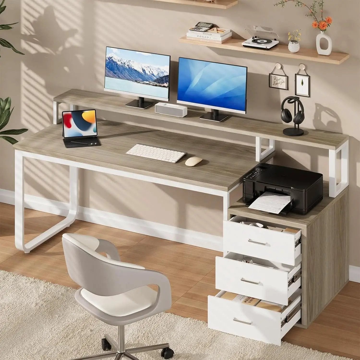 67 nch White Walnut Computer Desk With LED Lighting from PriceLows™