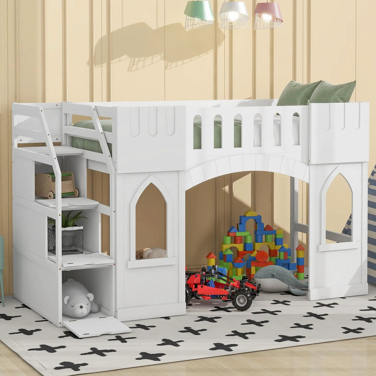 Kids Wooden Loft Bed | Storage Staircase | Dual Windows