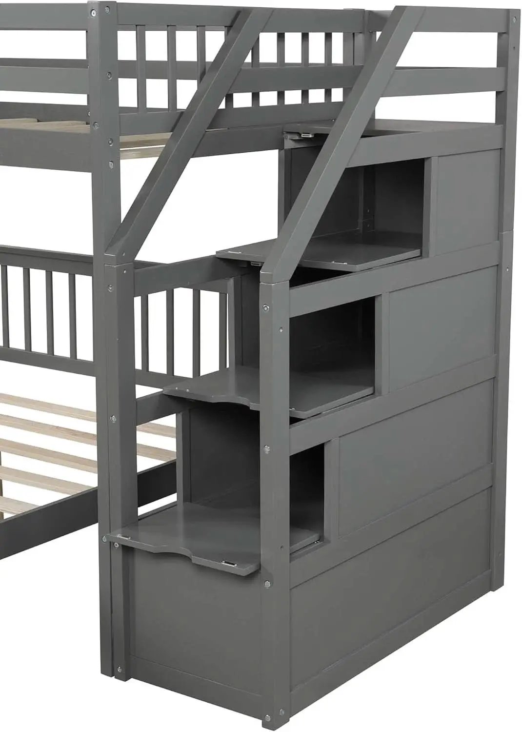 Gray Twin Over Full Bunk Bed With Storage Stairs Solid Wood from PriceLows™