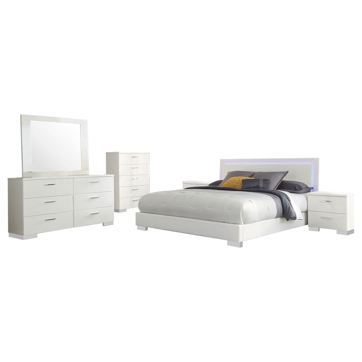 Felicity 6-piece Queen Bedroom Set White High Gloss | 6-Piece Set | Faux Leather & Metal | Bedroom