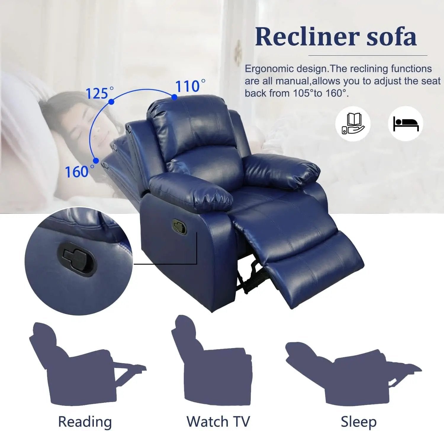 Manual Leather Recliner Sofa Set Blue Living Room Furniture from PriceLows™