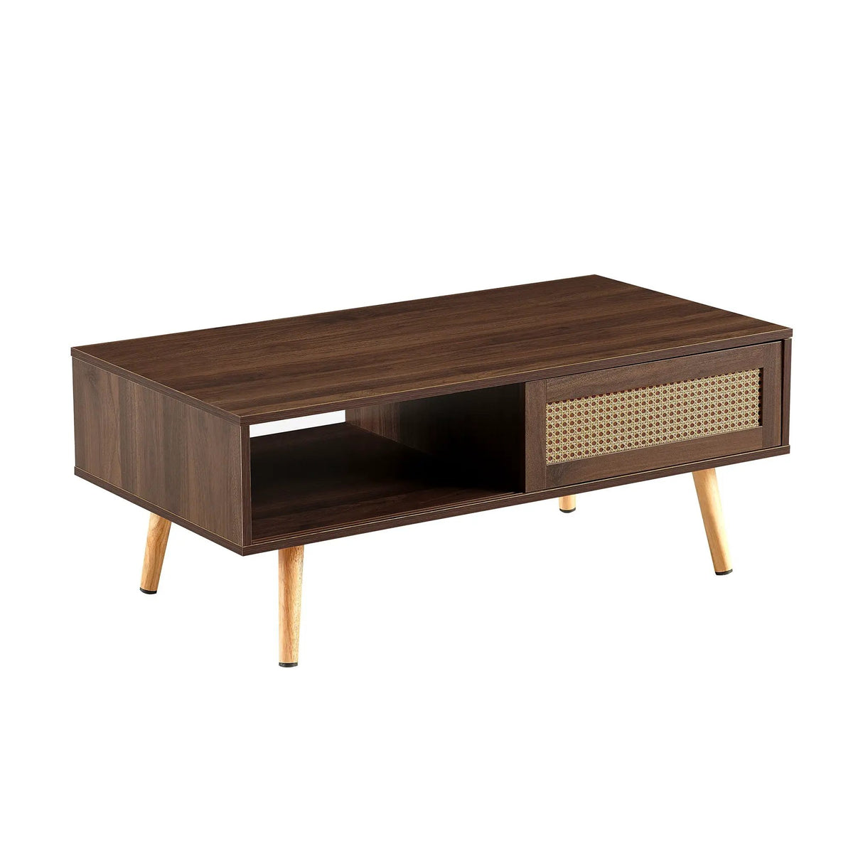 Rattan Coffee Table | 41.34 Inch Width | Sliding Storage Door | Solid Wood Legs