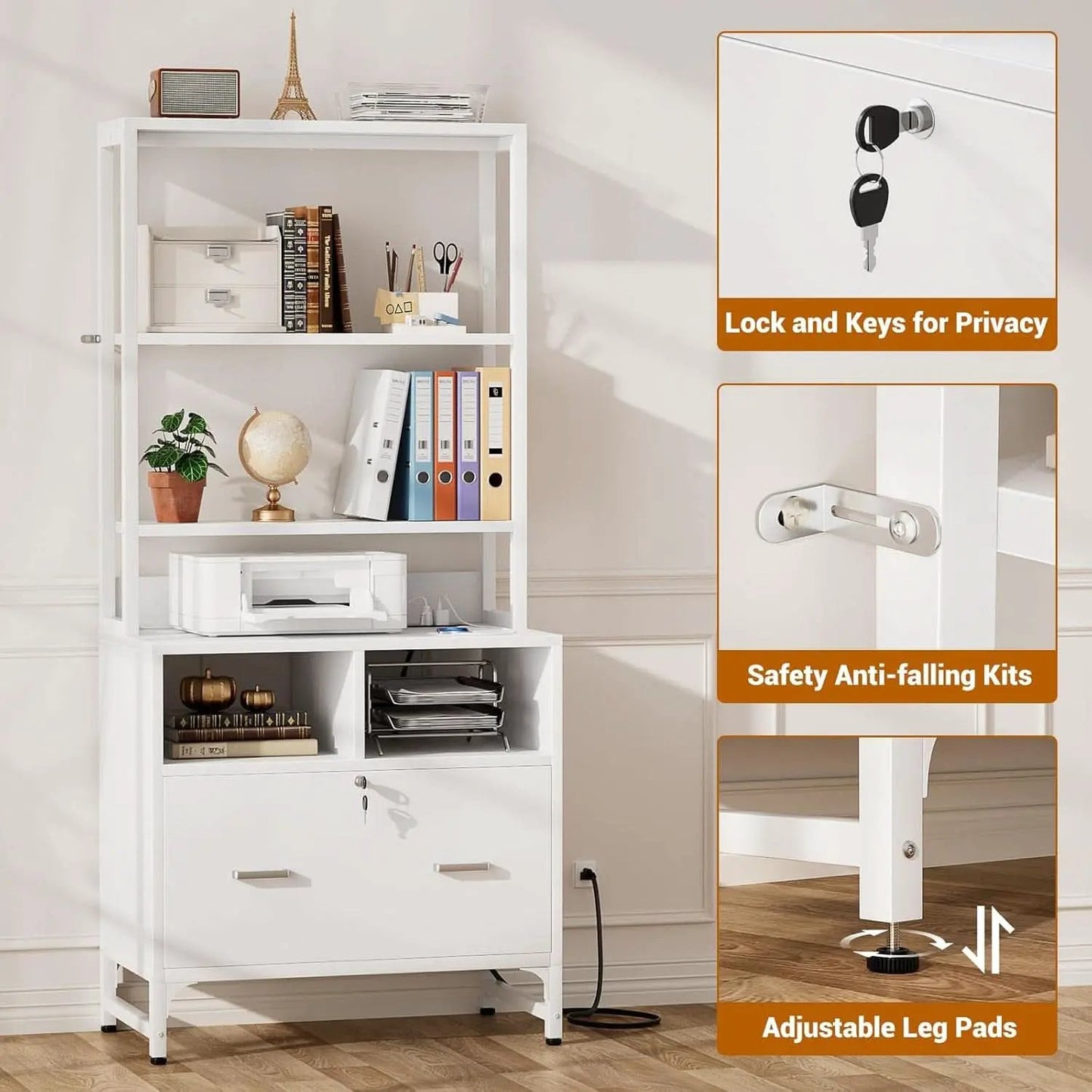 White Printer Stand With Locking File Cabinet And Charging Station from PriceLows™