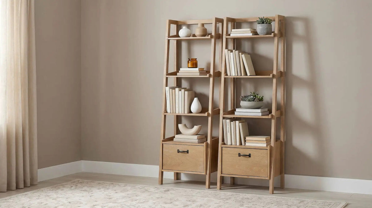 Fabian 2-piece 4-shelf Bookshelf with Drawer Distressed Light Standard Bookcase | 2-Piece Set | Rubberwood & Engineered Wood | Brown