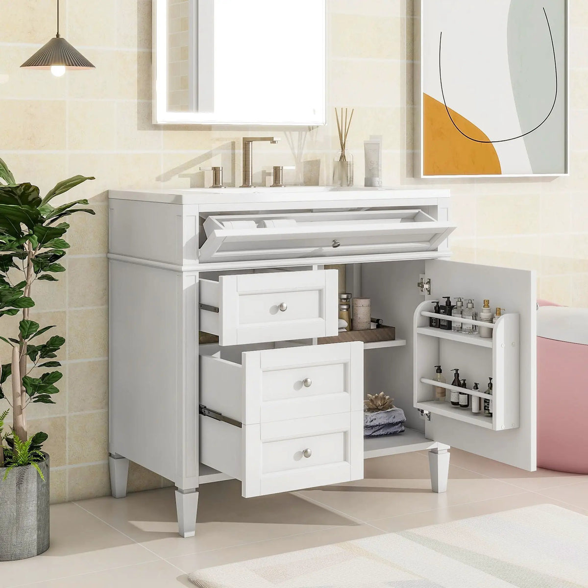 36 Inch Bathroom Vanity With Top Sink | 3 Drawers | Metal Drawer Slides | Ceramic Sink