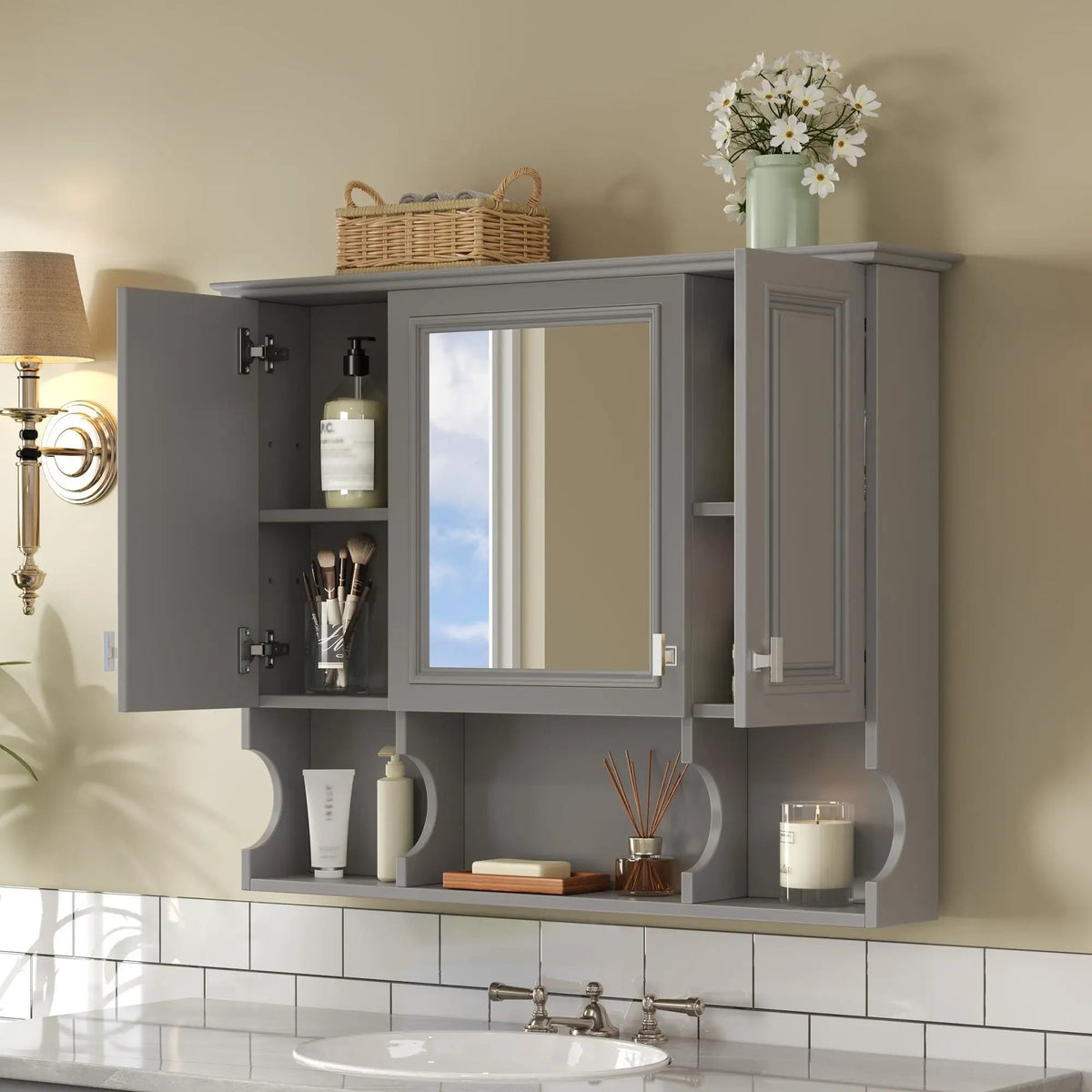 Wall Mounted Medicine Cabinet | Mirror | Open Shelves | 35 Inch Width