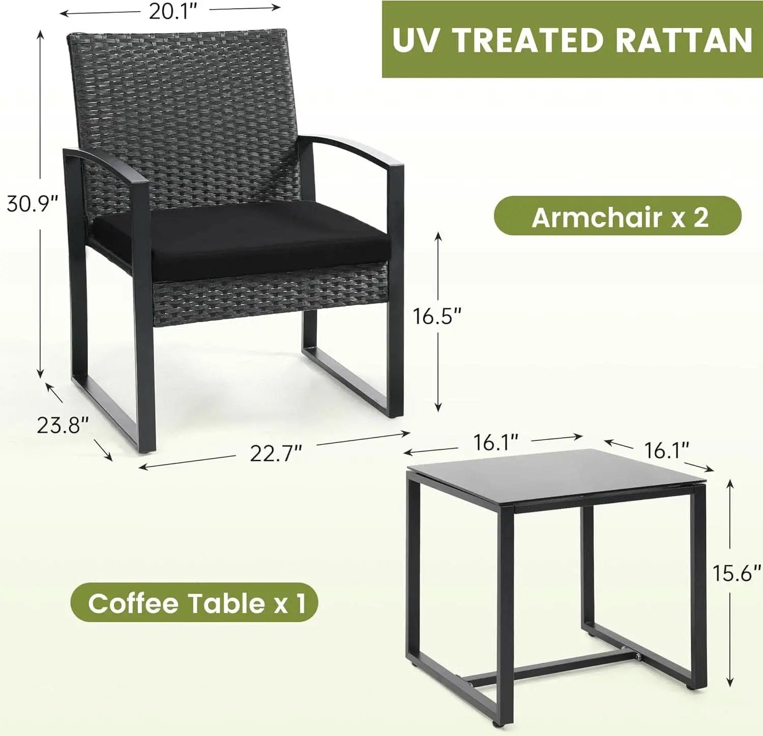 Three Piece Wicker Patio Bistro Set With Coffee Table Black Frame For Balcony Porch And Garden Outdoor from PriceLows™