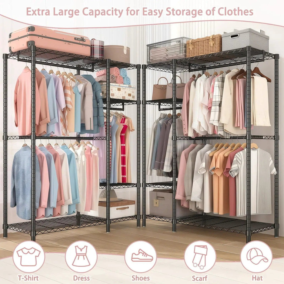 Freestanding Clothes Rack, With 6 Adjustable Wire Shelves And 3 Garment Rails | Freestanding Organizer | Steel | Black