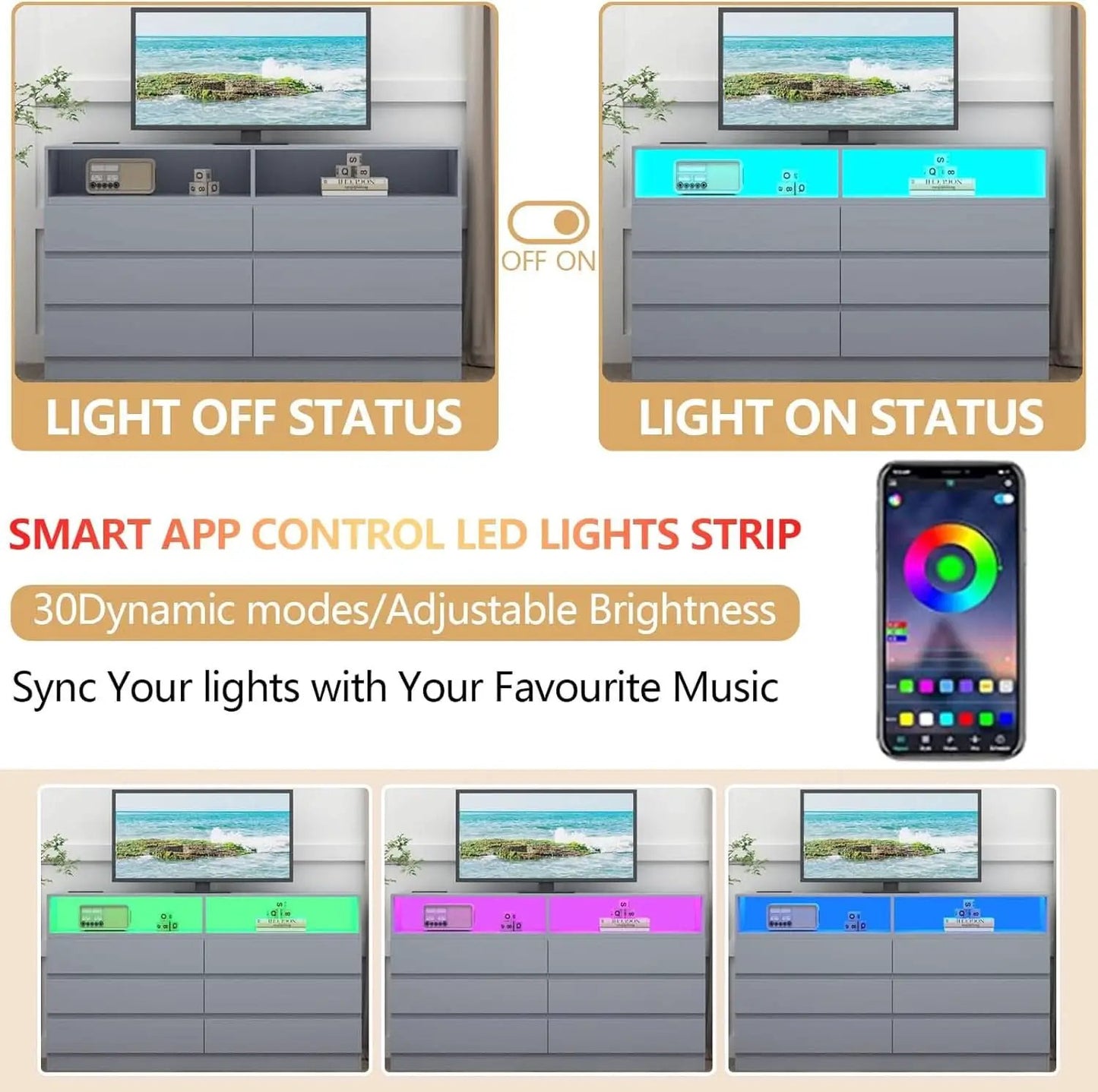 Six Drawer LED Dresser With USB Charging Ports For Bedroom from PriceLows™