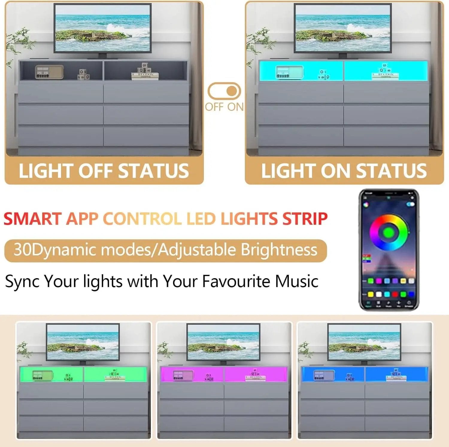 Six Drawer LED Dresser With USB Charging Ports For Bedroom from PriceLows™