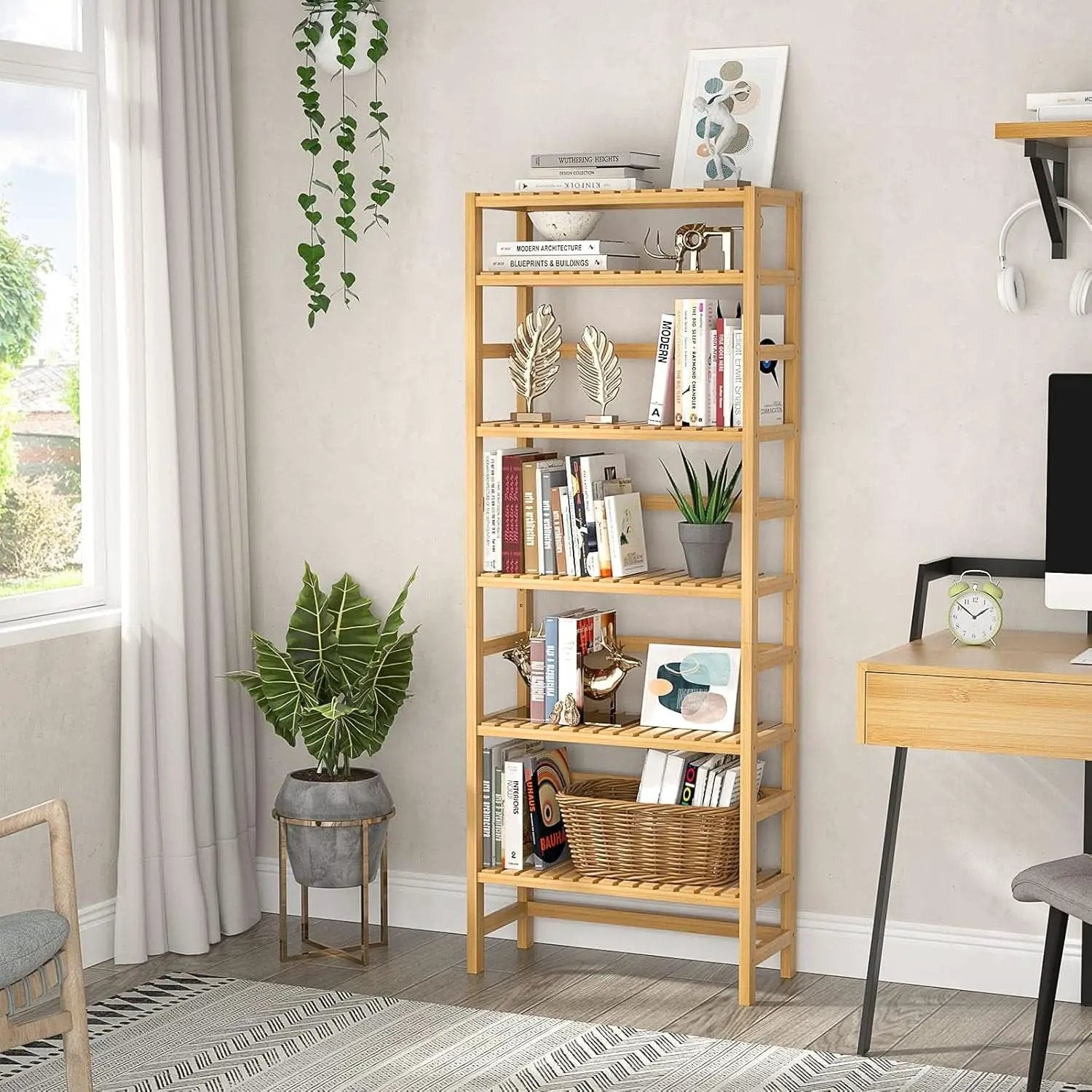 Six Tier Adjustable Bamboo Bookshelf Tall 63 Inch Natural from PriceLows™