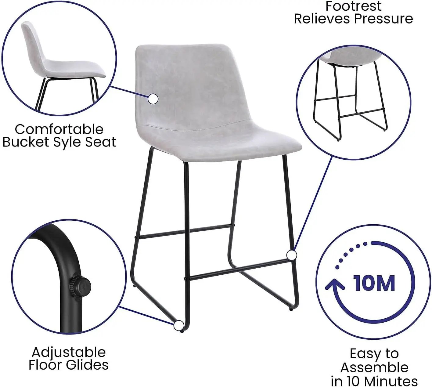 Reagan 24 Inch LeatherSoft Counter Height Bar Stools Set Of 2 Light Gray from PriceLows™