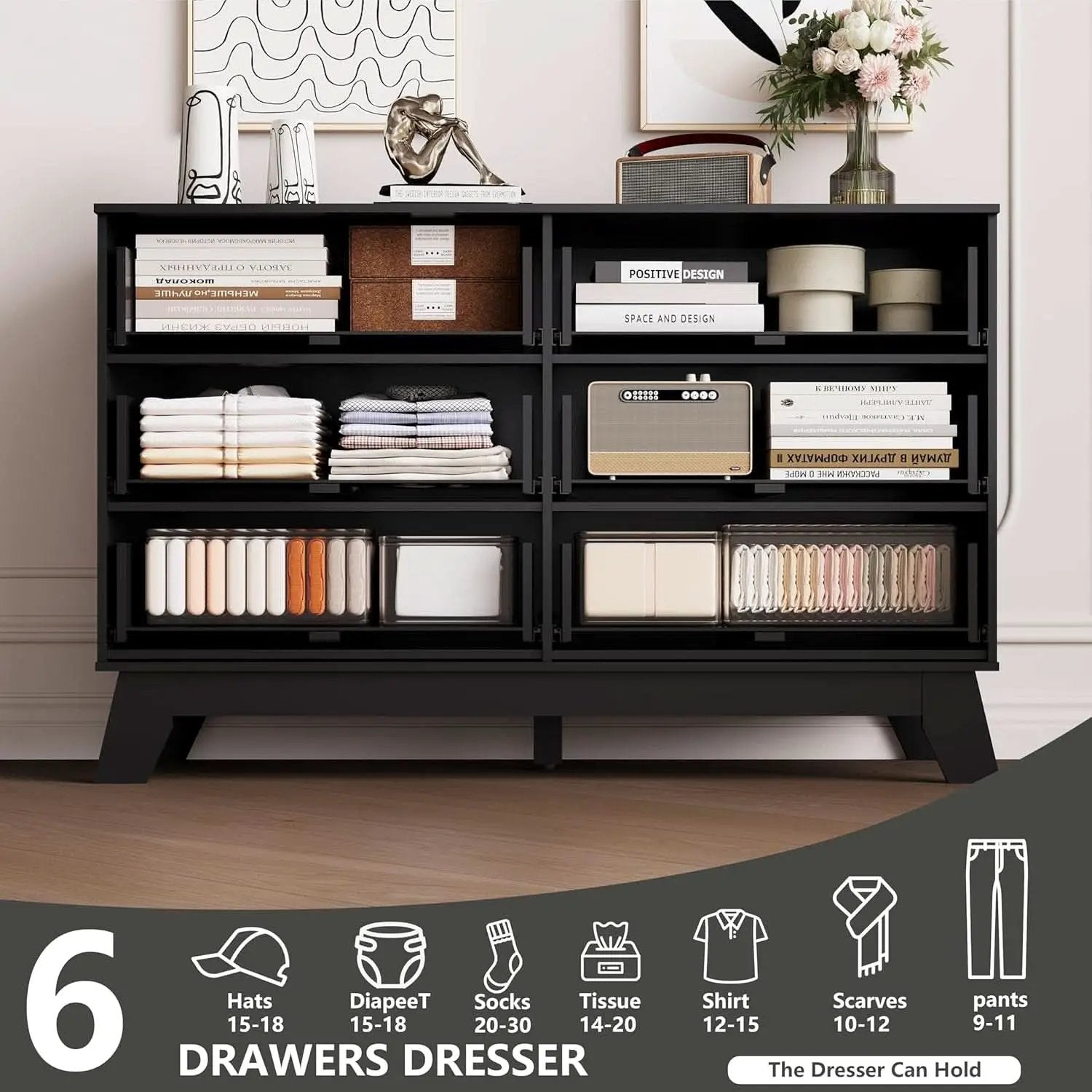 6 Drawer Dresser In Natural Wood With Fluted Front And Gold Handles from PriceLows™
