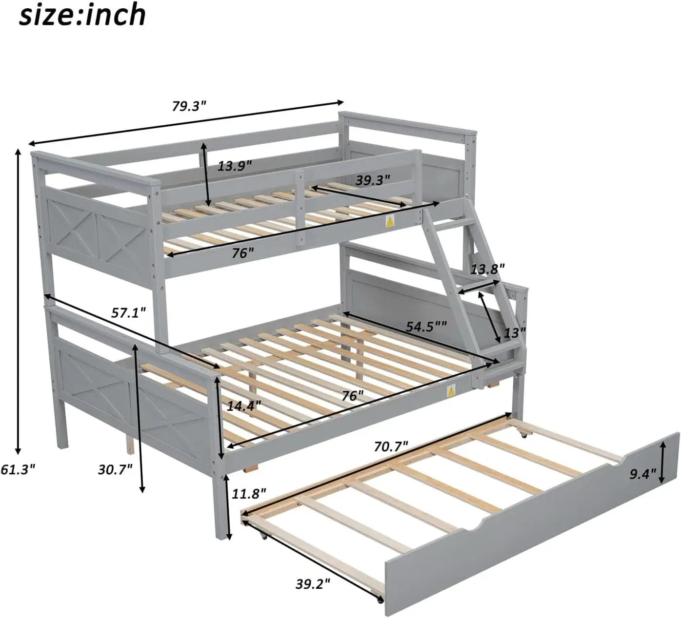 Grey Trundle Bunk Bed Twin Over Full With Guardrail from PriceLows™