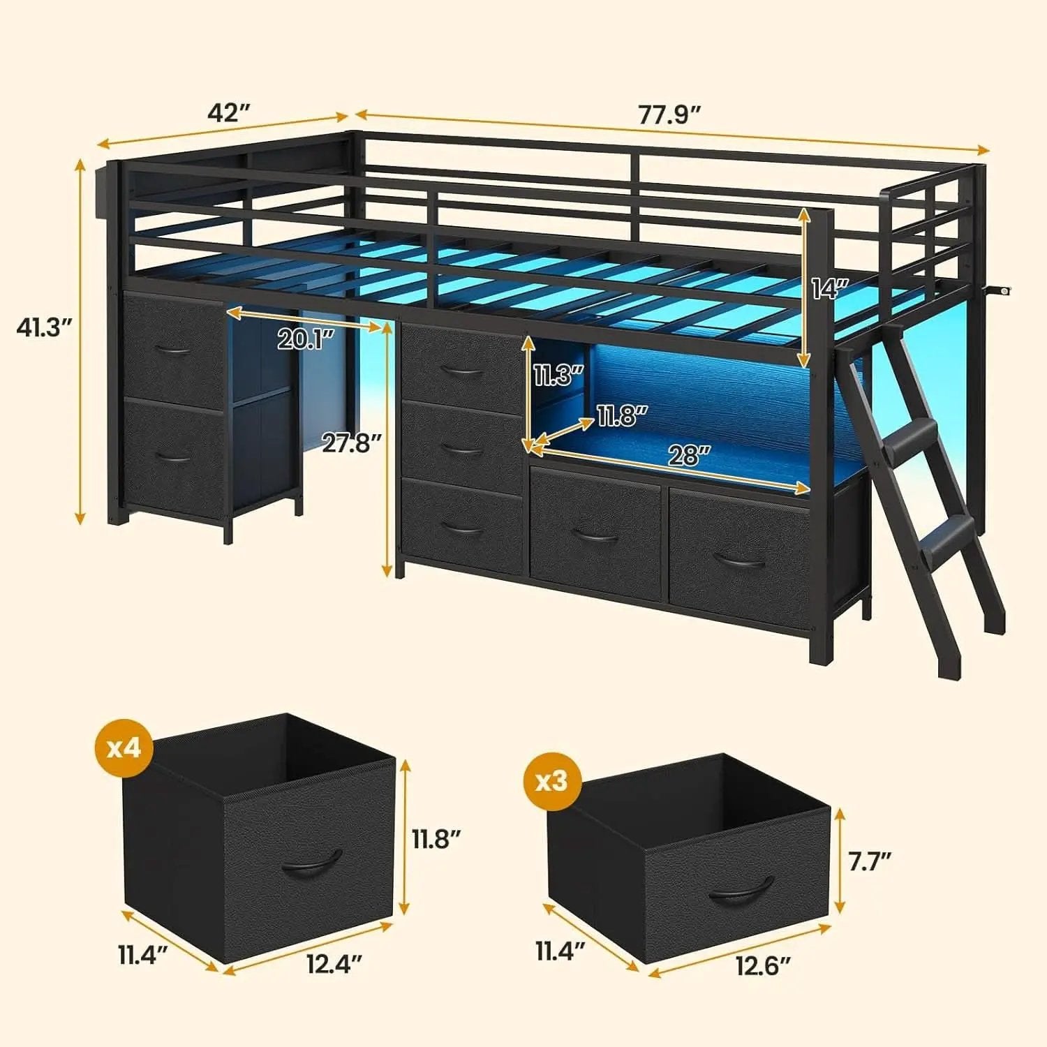 Twin Loft Bed With LED Lights And Storage Drawers Included from PriceLows™