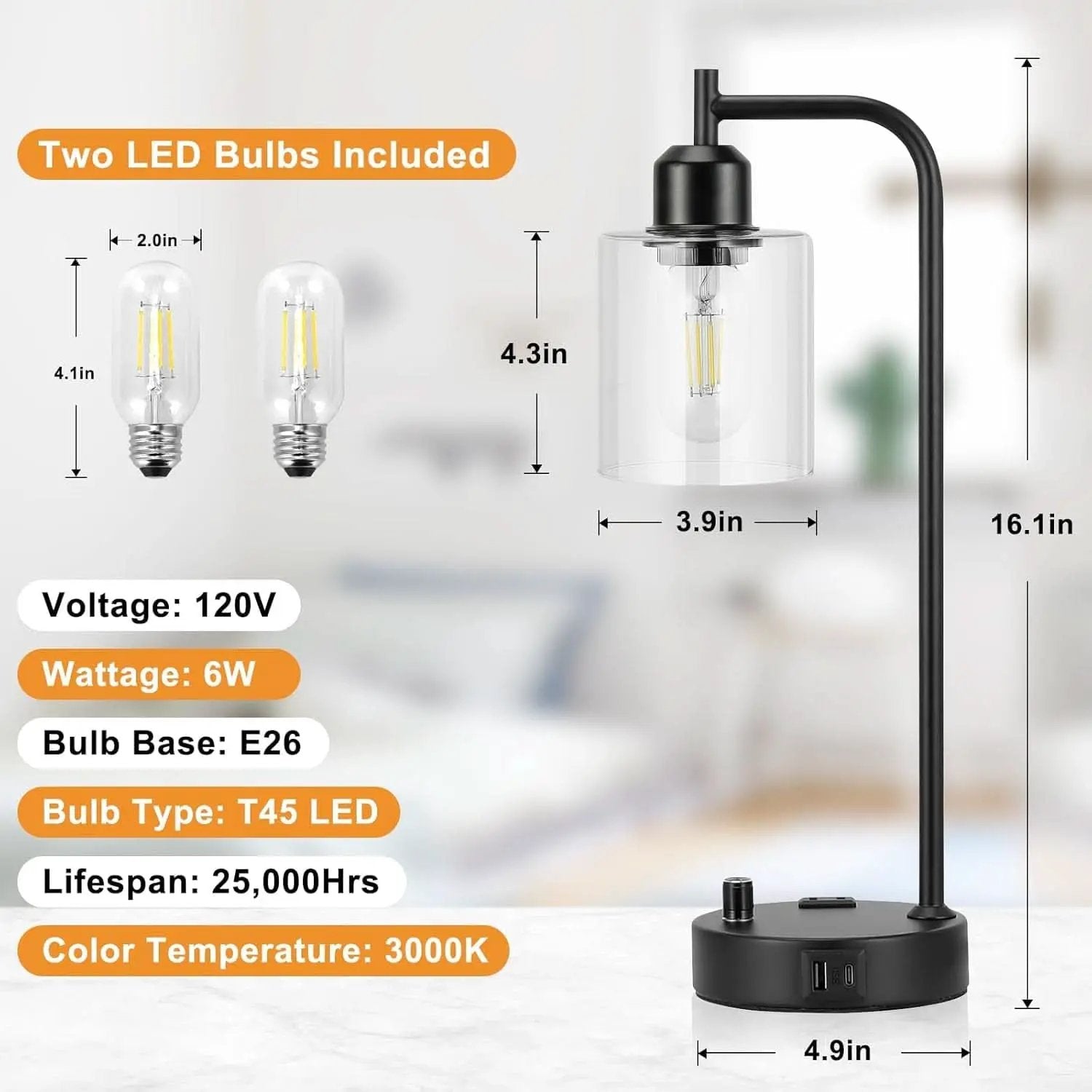 Industrial Nightstand Lamps Set of 2 Dimmable USB C Ports from PriceLows™