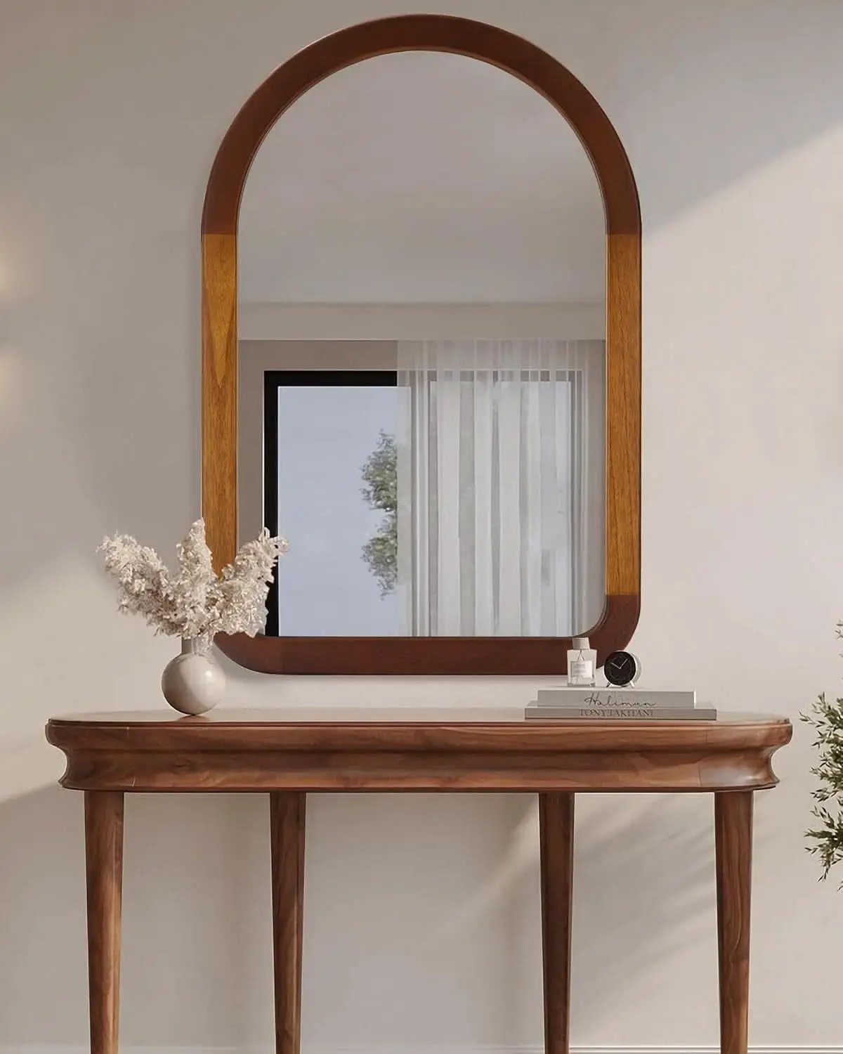 Arched Mirror 24x36 Walnut Brown Wood Frame Wall Mounted from PriceLows™