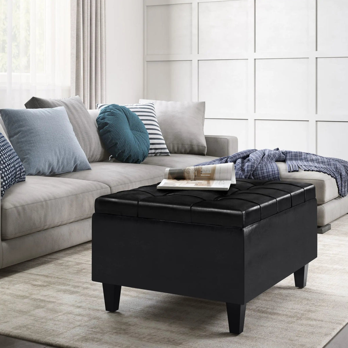 Coffee Table Storage Ottoman | Lift Top Hinge | Solid Wood Base | Large Square